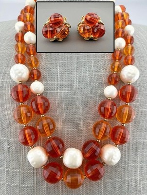 Vintage Chunky Beaded Necklace Earrings Set Orange Lucite Faux Pearl Clip On 20 