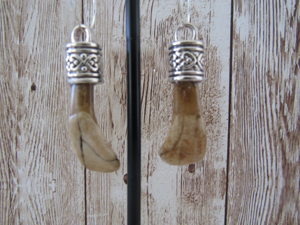 Buffalo Teeth/Tooth Earrings Animal Bone Spirit Animal Hoops E733 - Image 2 of 4