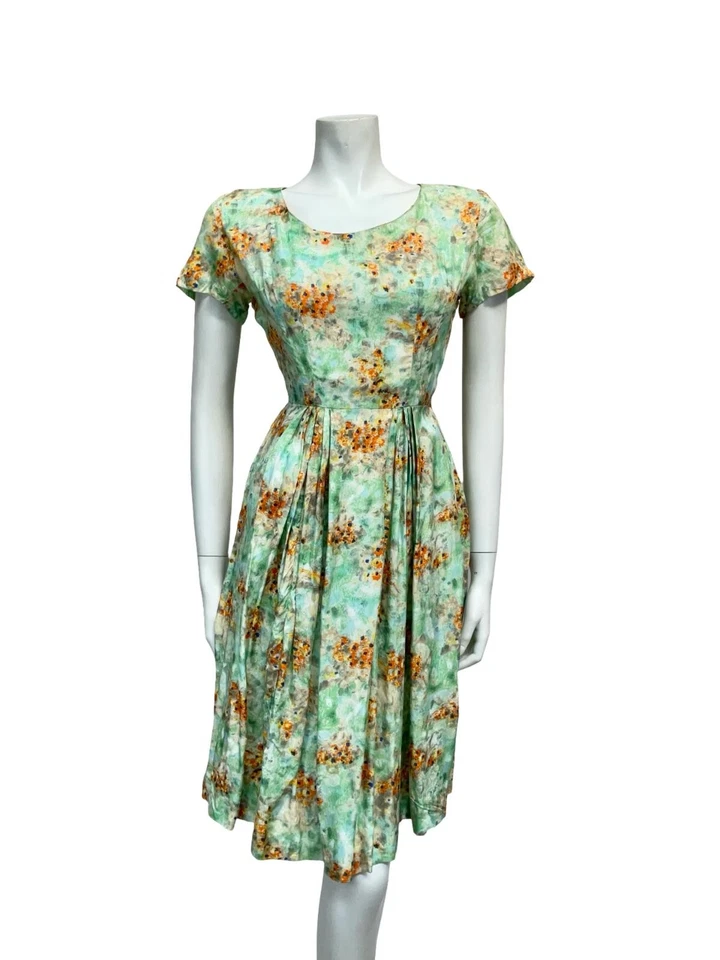 VESTIDO SWING ROCKABILLY FLORAL PLISADO VERDE AZUL NARANJA AÑOS 50 60 DE COLECCIÓN 10 8 S Foto 3 de 4