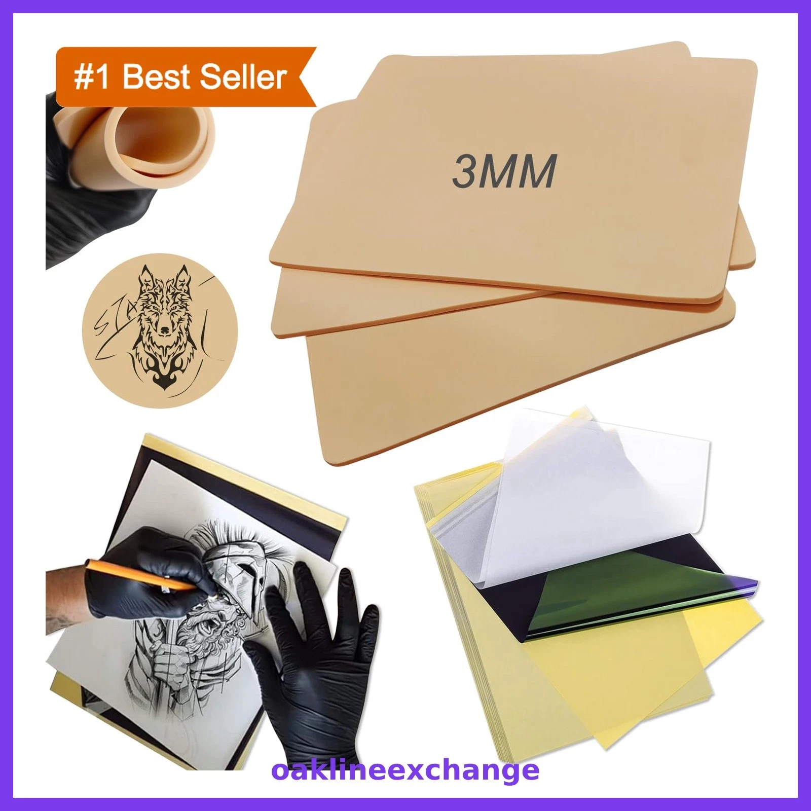 Emalla 3MM Tattoo Practice Skin Kit 3pcs Fake Skin 10pcs Transfer Paper - product detail image 1