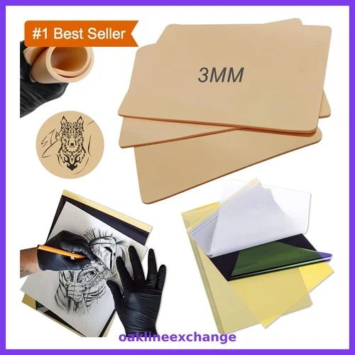 Emalla 3MM Tattoo Practice Skin Kit 3pcs Fake Skin 10pcs Transfer Paper - product listing photo