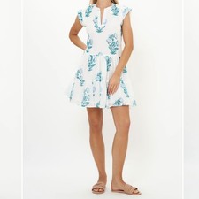 Oliphant Roll Sleeve White Blue Salvia Green Tiered Ruffle Mini Dress Size S