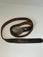 Vintage Western -Made In USA Eagle With Floral Belt Buckle W Tooled Leather Belt