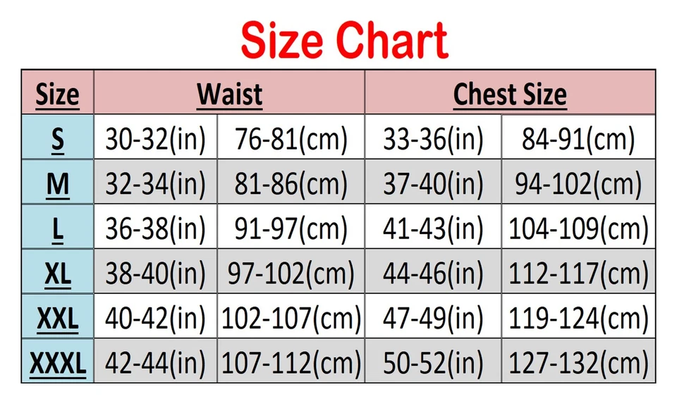  size chart with waist, and chest measurements