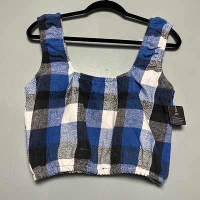 Urban Renewal Remade Flannel Cropped Tank Blue Plaid Women s M/L Grunge Picnic