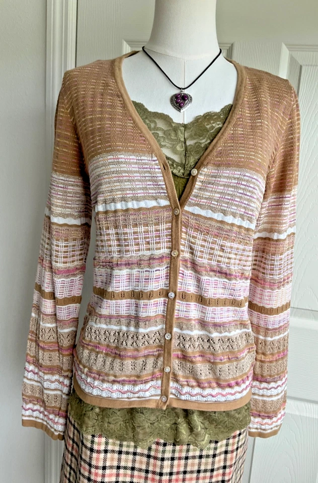 Colección Peck & Peck Cárdigan Abotonado Rayas Suéter Marrón Mujer Medio Otoño Foto 2 de 4