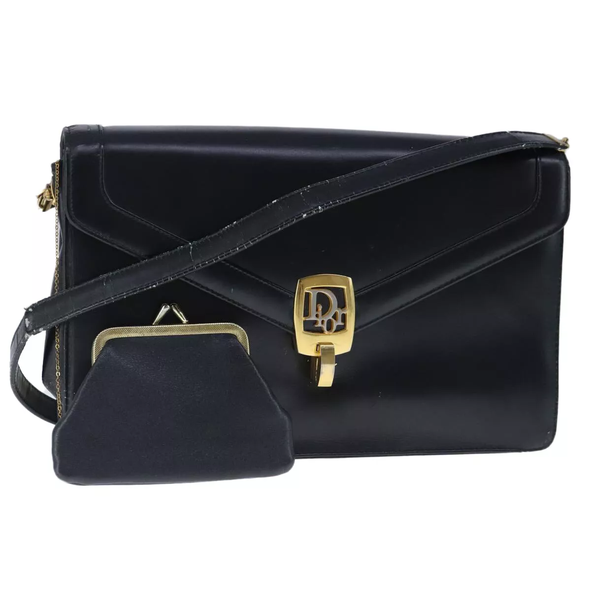 Sac bandoulière Christian Dior cuir noir or authentique 102577