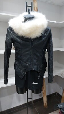 Eco-leather jacket with fur used Woman Black Size XL PGC185PI