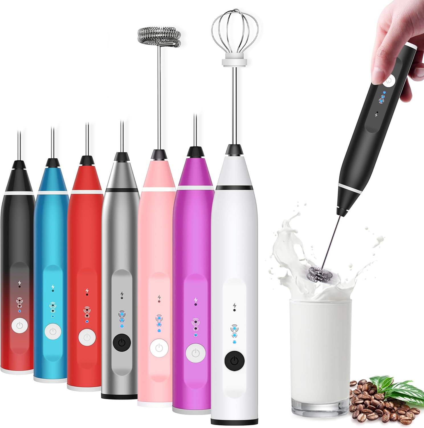 Milk Frother Rechargeable Handheld Electric Whisk Coffee Frother Mixer with 2 St-image
