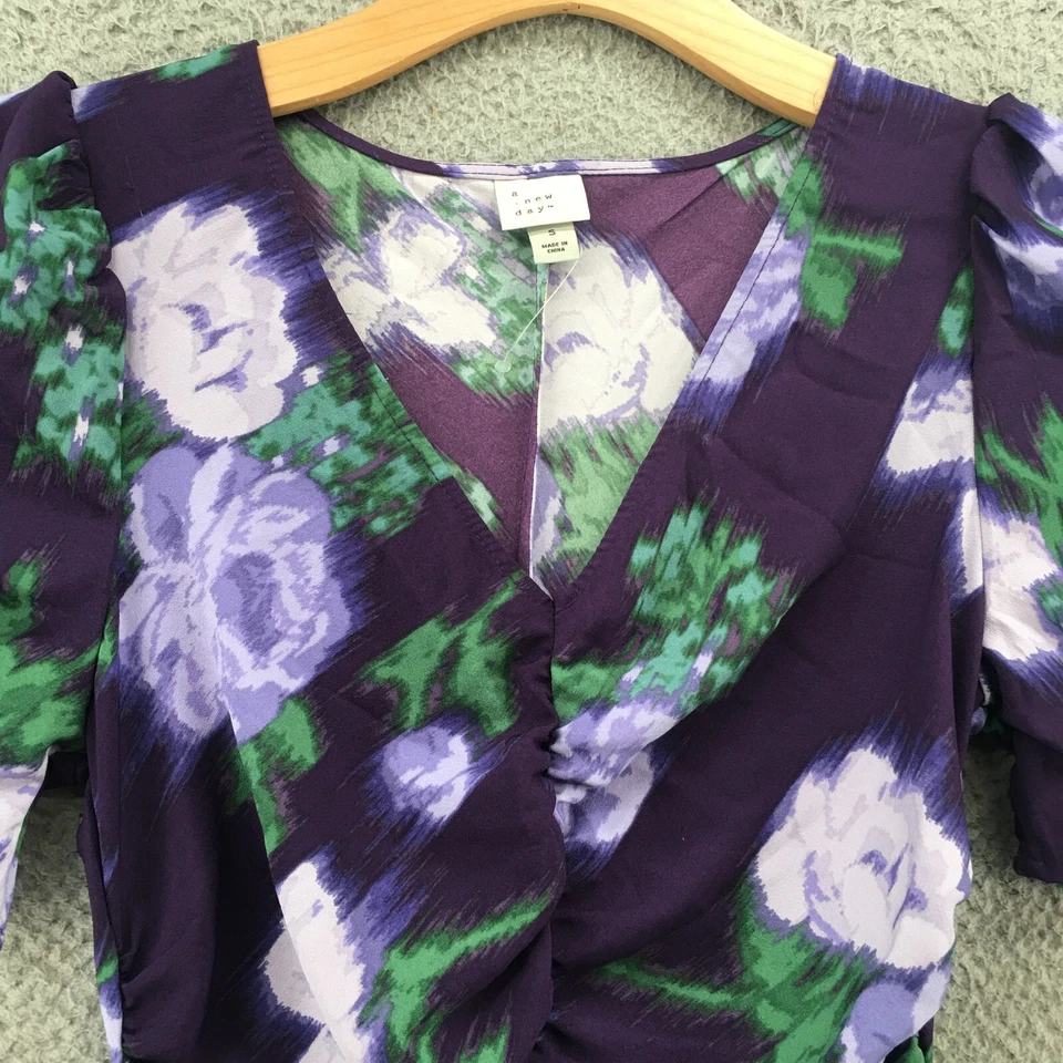 Vestido A New Day Floral Crepé Alto Bajo Para Mujer S Púrpura Manga Corta Informal Cuello en V Foto 4 de 4