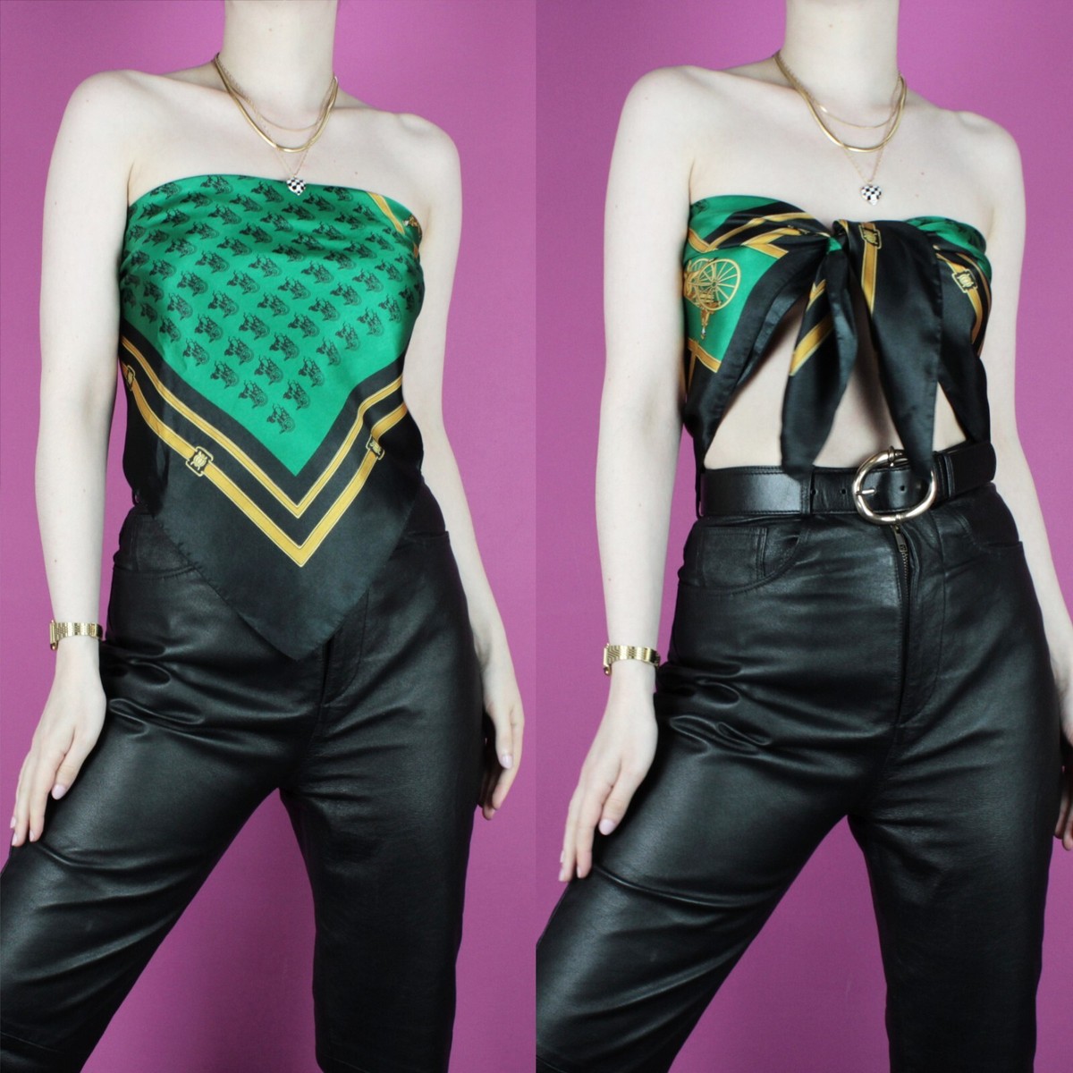 VINTAGE 80s 90s Pattern Scarf Satin green Blouse Crop cami tank