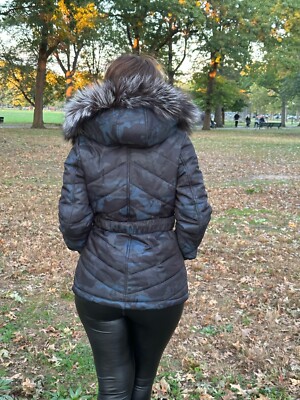 NEW Puffer Jacket Camouflage Fox Fur Hood S Faux Down Blue Gray