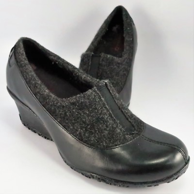 Merrell TULIP Wedge Pumps Womens Size 6.5M Black Leather-Wool Split Toe Slip-Ons