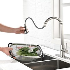 Kitchen Sink Faucet Stainless Steel Pull Down Sprayer Swivel Spout Single Handle
