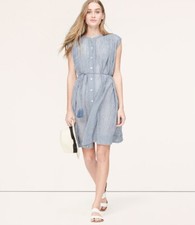 LOFT BLUE & WHITE STRIPED PRINT CRINKLE SLEEVELESS SHIRT DRESS SIZE: S NWT