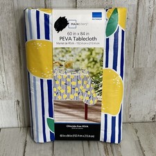 Mainstays Vinyl/PEVA Tablecloth 60  x 84  Rectangle Blue Stripe w/ LEMONS Flawed