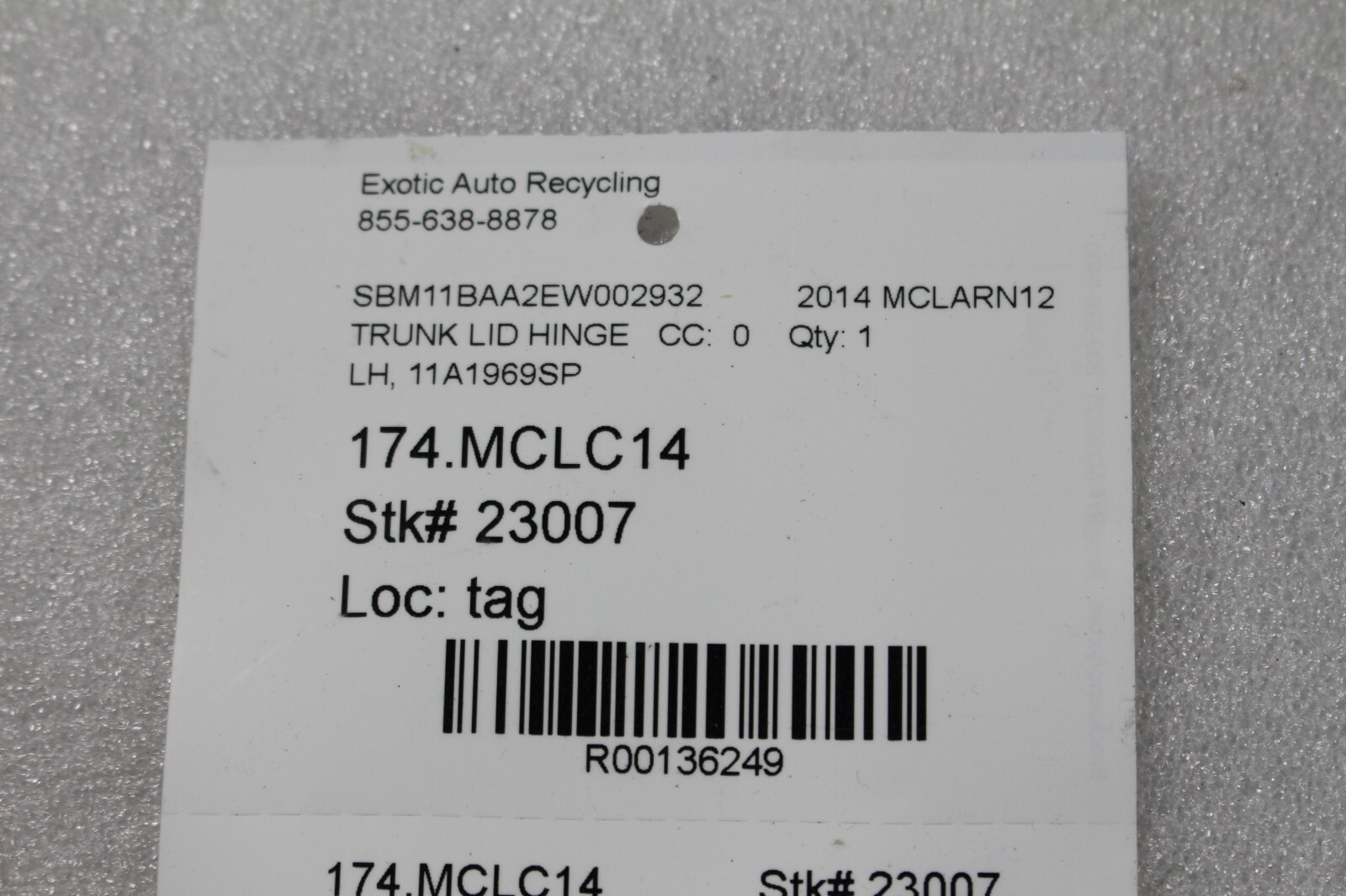 Mclaren MP4-12C, LH, Left, Trunk Lid Hinge, Used, P/N 11A1969SP