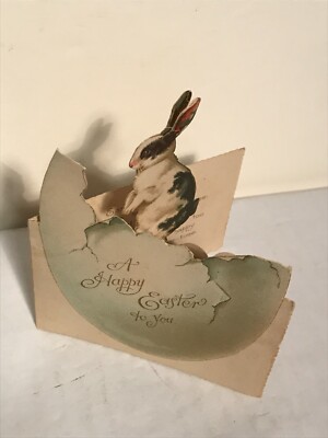 easter bunny comes out of egg die cut fold out Ernest Nister color greeting card