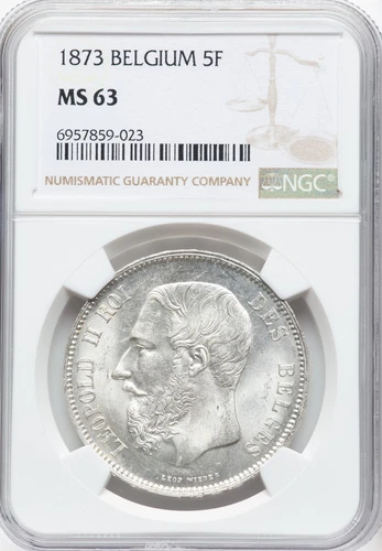 BELGIUM , SILVER 5 FRANCS 1873 - NGC MS 63,,, RARE66