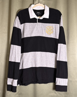 Huf Color Block Rugby Polo Black & Gray Shirt Heavyweight Logo Crest Size Large