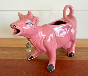 Vintage Pink Ceramic Cow Creamer with Brass Bell Japan MCM