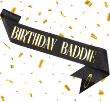 BIRTHDAY BADDIE Sash, Black Glitter Birthday Sash with Gold Foil Funny Birthday