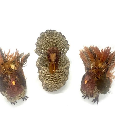 Vtg Turkey of Woven Wicker Rattan & Wood 2 Paper Mache FeatherBasket Fall Decor