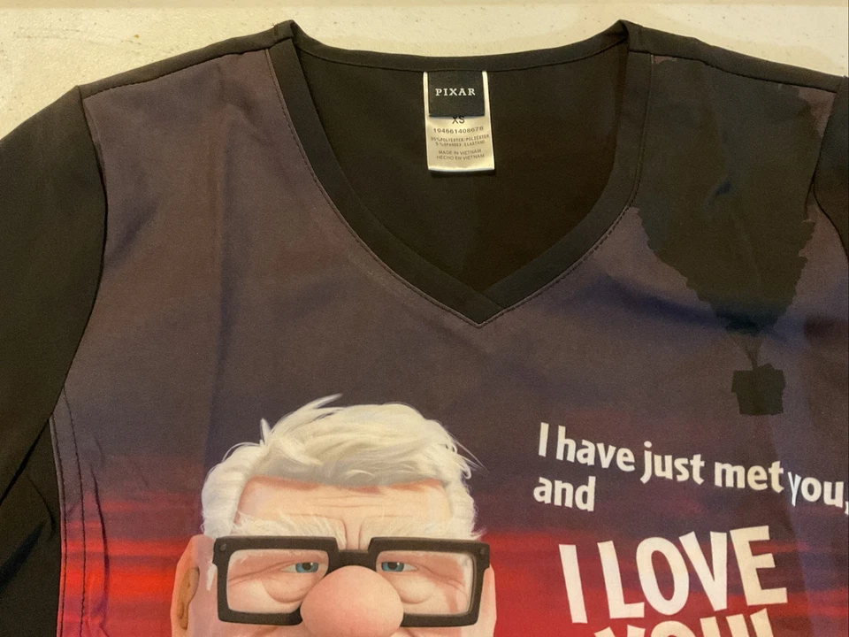 Scrub Top XS Tooniforms Disney Pixar UP “I Love You” V-Neck Unisex Brand New - Image 3 of 4