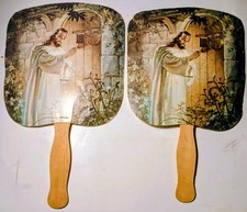 VTG. Church Hand Paddle Fan Jesus At Door Wood Handle Cardboard 1980's (2x)