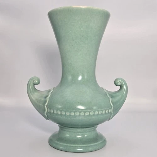 Rumrill Pottery by Red Wing Pottery Green Genie Style Curled Handles Vase #611