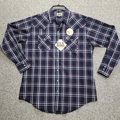 Ely Cattleman Mens XLT Navy Blue Plaid Western Pearl Snap Long Sleeve Shirt NWT