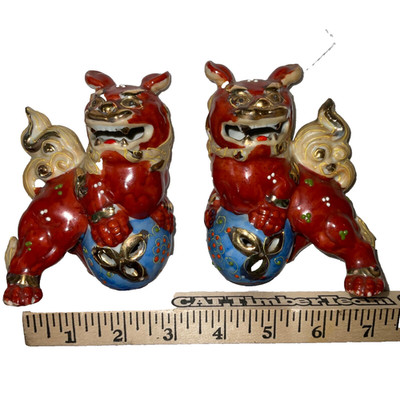 FOO DOGS Antique vintage Japanese Asian dragons deep rust gold small pair signed