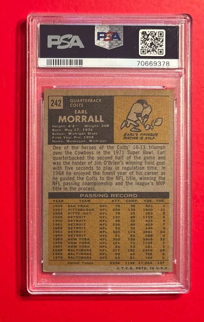1971 Topps EARL MORRALL #242 PSA 4 BALTIMORE COLTS Graded Football Card Vintage view 2