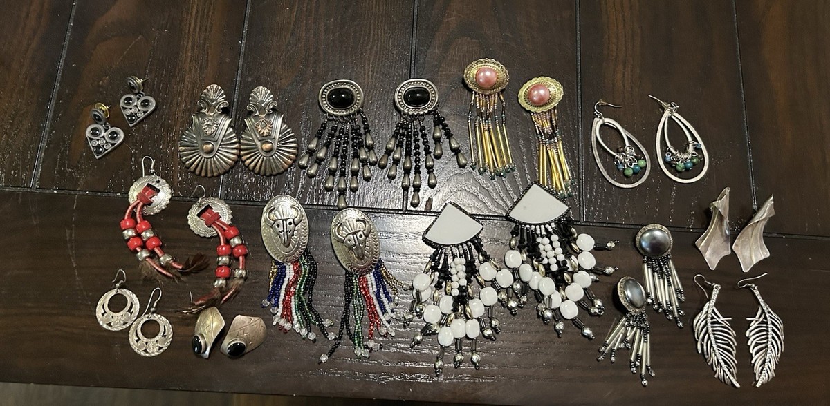 13 Pair Lot Vintage Western Pierced Earrings, Statement Dangle Rodeo Ready