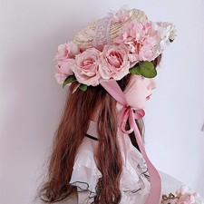 Victorian Straw Boater with floral Women  Gothic Hat Classic Lolita Straw Hat