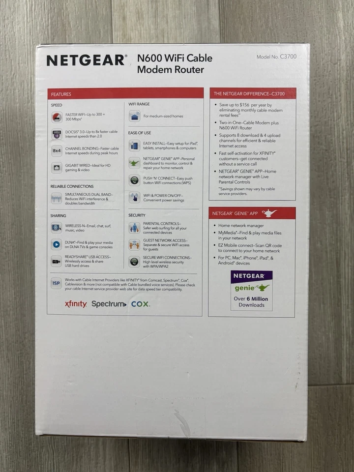 Netgear N600 WiFi Cable Modem Router (C3700) – DOCSIS 3.0 Dual Band, Open Box  - Image 3 of 4