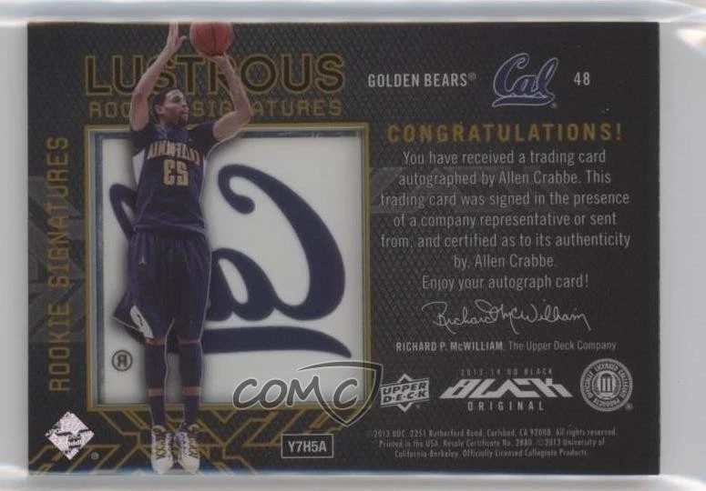 2013 Upper Deck Black Lustrous Signatures Gold /25 Allen Crabbe Rookie Auto RC - Image 2 of 2