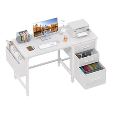 White Desk with Fabric File Drawers Cabinet, 47 Inch Reversible Computer Desk...