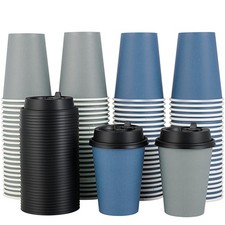100 Pack 12 oz Disposable Paper Coffee Cups with Lids for Coffee, Water, Juic...