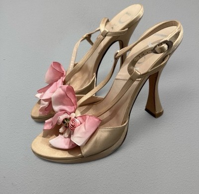 Dior Beige Pink Flower Bow Slingback Stiletto Open Toe Satin Heels