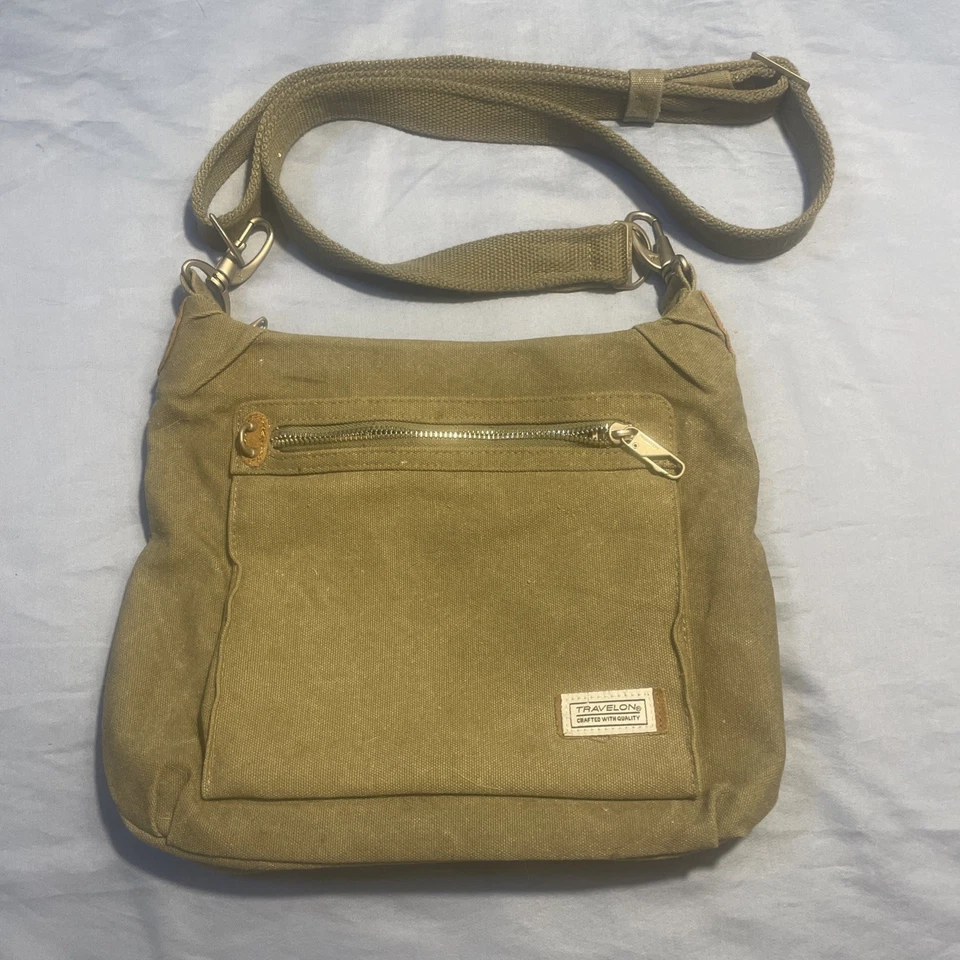 Bandolera Travelon Clásica de Hombro Verde Ejército Denim Bolso Antirrobo 13x10x3 Foto 2 de 4