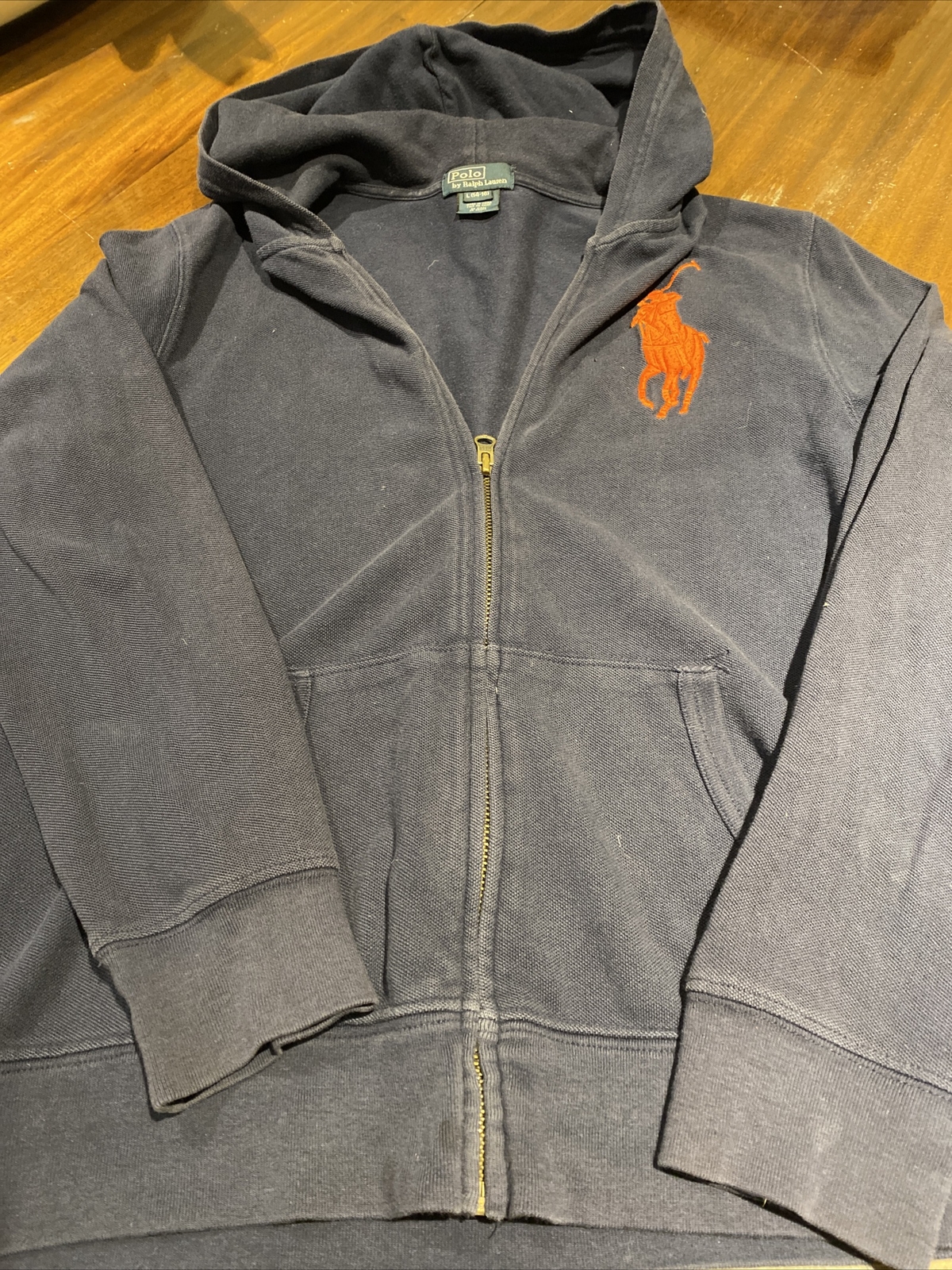 POLO RALPH LAUREN Ragazzi Large 14 16 Navy Cerniera Intera Arancione Pony