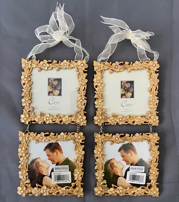 2 VTG Carr Double Frame Gold Bijou Ornate Floral Wallflower Frames 3.5 x 3.5 NOS