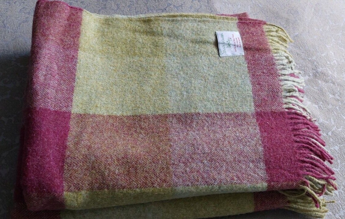 SUSIE WATSON DESIGNS. PAIR OF ROSE OLIVE HARLEQUIN,SHETLAND WOOL THROWS