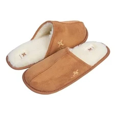 Mens Slippers Slide Tan Suede Faux Sheepskin Lined Roxoni 1243T Size 11.5 - 12.5