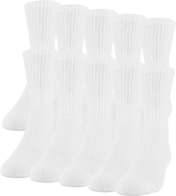 9 Pairs Mens White Solid Sports Athletic Work Crew Long Cotton Socks Size 10-13