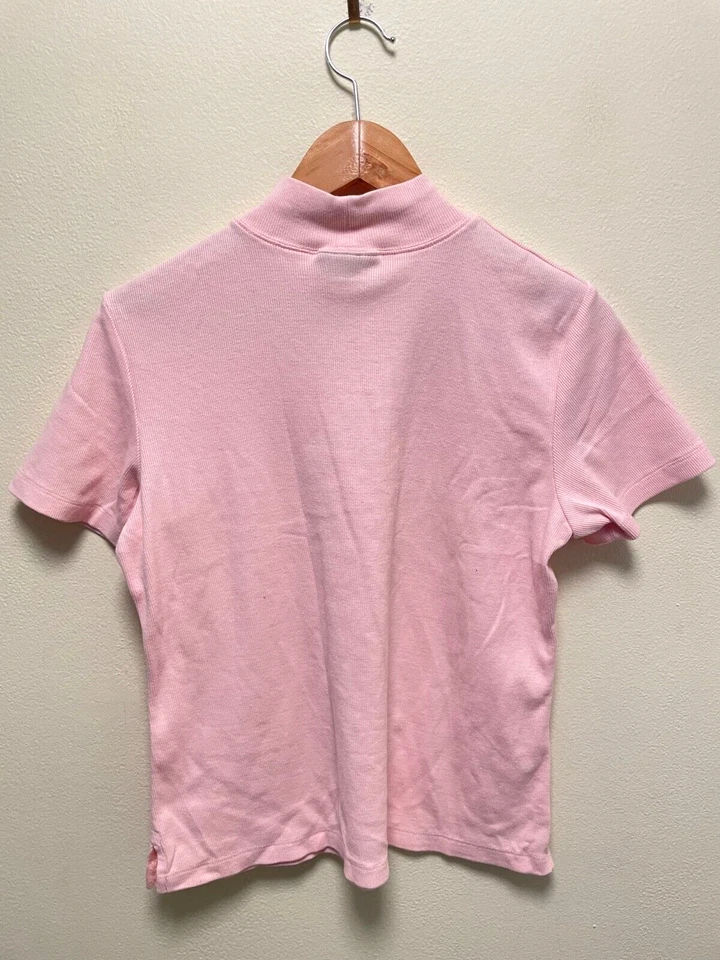Vintage Womens Top Petite Large Pink Stretch Ribbed Mock Neck Club Rave 90s Y2K - Image 2 of 4