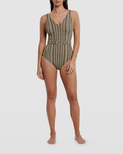  225 Jets Women's Beige Belted One-Piece Swimsuit Swimwear AU 12/US 8