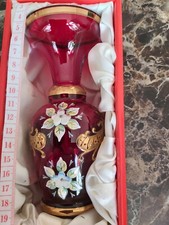 Bohemian  Red Glass Vase w/Gold Trim & Hand Painted Flowers 5” Tall