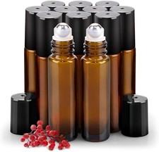 12 Pack Essential Oil Roller Bottles Stainless Steel, 10ml Amber Glass Roller